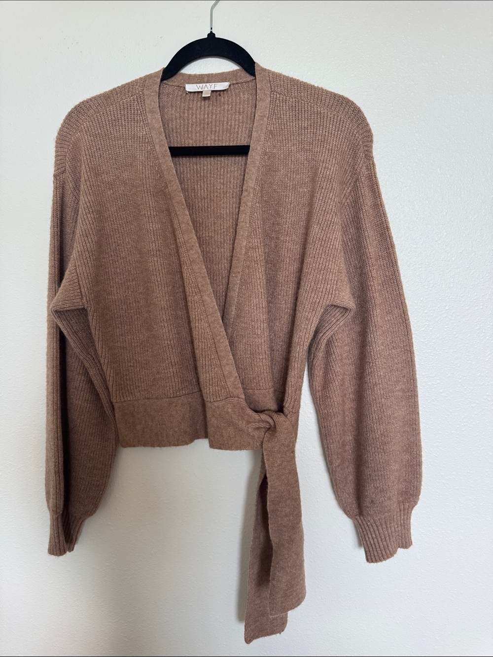 Wayf Taupe-Brown Wrap Tie Ribbed Cardigan